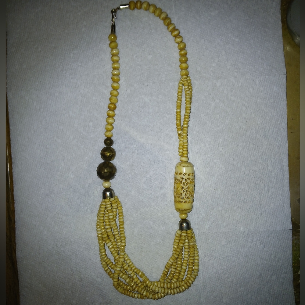 Antique Hand Carved Bead Necklace Rare Vintage Multi Strand Chunky Tribal.